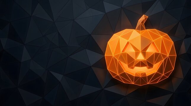 Polygon low poly Halloween pumpkin jack-o-lantern on dark abstract geometric background.