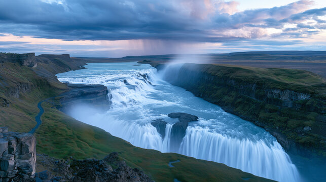 gigantic waterfall roaring through a rugged mountain canyon beneath dramatic storm clouds, swollen river and powerful white water dominating the landscape, rain visible across distant cliffs.