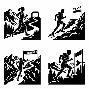 A dynamic vector illustration of a trail runner sprinting through a scenic mountain landscape, emphasizing endurance, athletic performance, and outdoor fitness in a clean style.