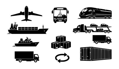 Fototapeta premium Air Road Rail Marine Transport and Shipping Delivery Black Vector Collection