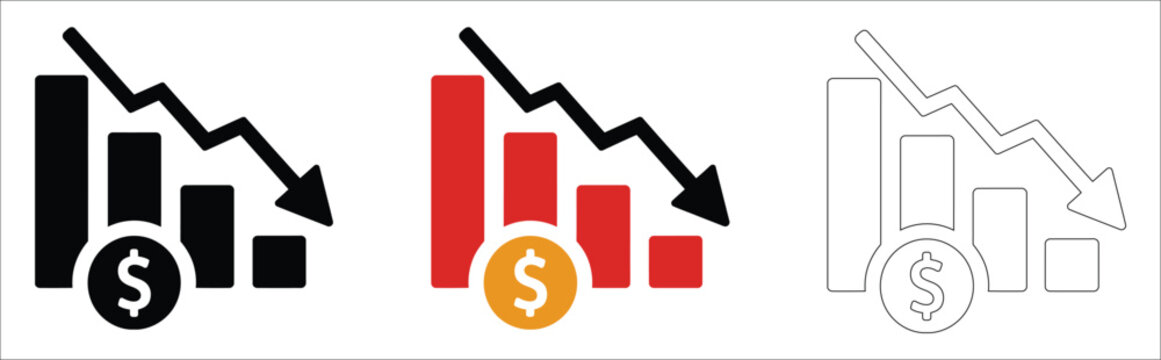 financial loss declining chart icon set, dollar money bar graph arrow down symbol collection, economic recession bankruptcy graphic, isolated market crash drop sign vector.