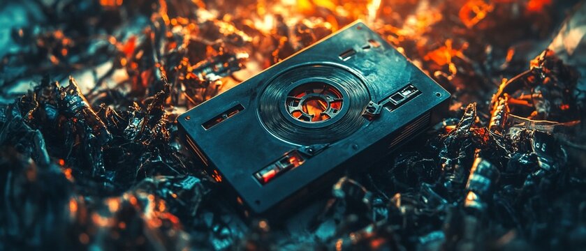 Hard drive amidst burning embers, fiery background