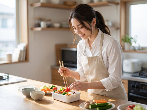 木製のキッチンカウンターでお弁当作りに笑顔を見せるエプロン姿の女性