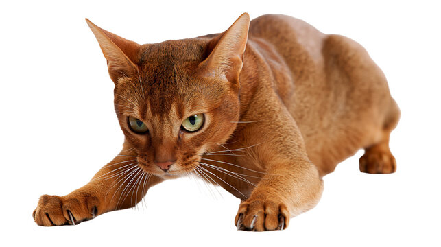 Abyssinian cat crouching with intense green eyes and brown ticked fur