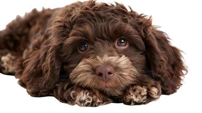 Chocolate brown curly haired Cockapoo puppy lying down looking at camera