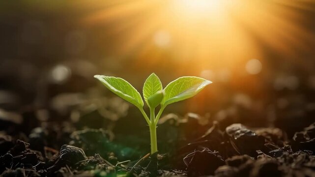 Young Green Seedling Plant Growth in Rich Soil Under Warm Sunlight with Hope