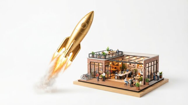 A miniature model of a rocket launching from a building with people inside.