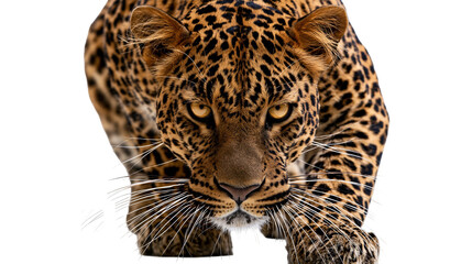 Aggressive leopard with intense golden eyes crouching forward © Peregrine