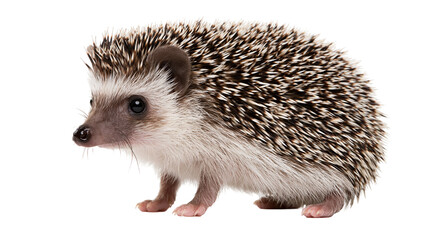 Small African pygmy hedgehog with brown and white spiky quills standing sideways © Peregrine