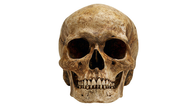 Weathered human skull with detailed bone texture and visible teeth