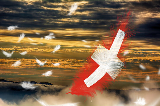 3D illustration. Flag of Switzerland on a feathers fluttering in the sky background.