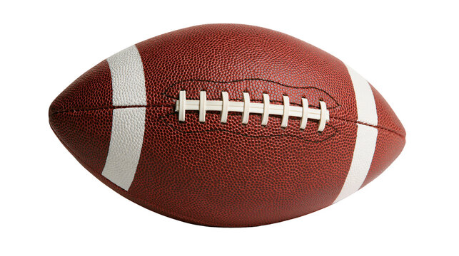 Brown leather American football with white stripes and laces