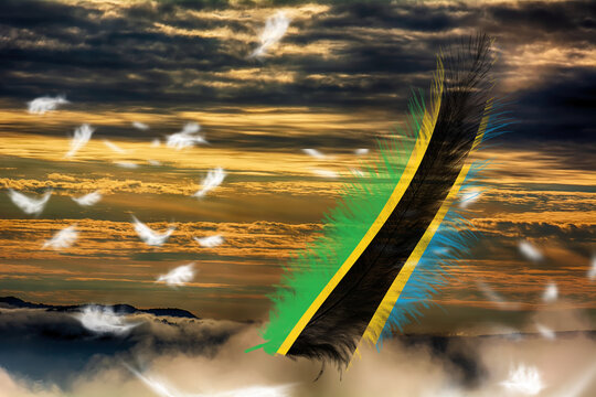 3D illustration. Flag of Tanzania on a feathers fluttering in the sky background.