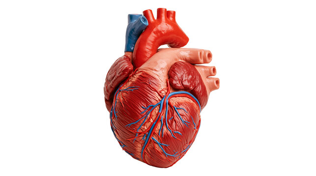 Anatomical human heart model with red muscle tissue and blue veins and arteries