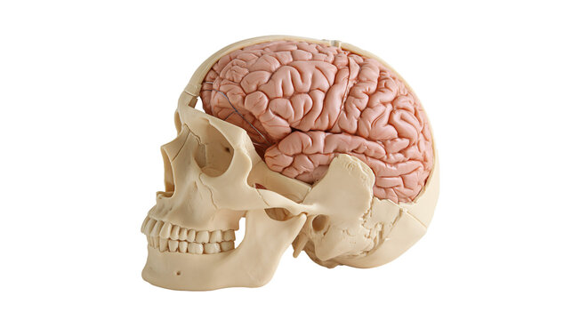 Human skull model with exposed anatomical brain model inside