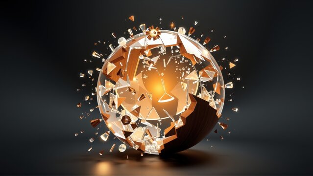 Sphere shattering, golden light radiates. Fragments disperse, creating dynamic visual impact. Dark background emphasizes destruction, energy.