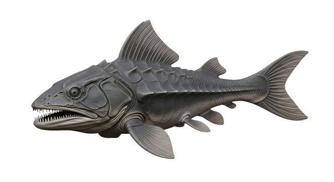 Detailed 3D render of a prehistoric armored fish species isolated on a transparent background for scientific visualization and educational projects