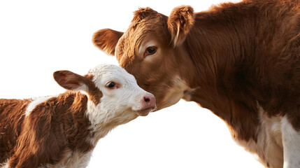 Brown and white cow nuzzling a young calf © Peregrine