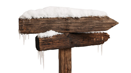 Weathered wooden directional signpost covered in snow and hanging icicles © Peregrine