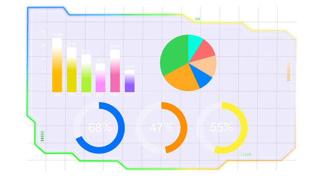Minimal business analytics dashboard with charts on transparent background, Colorful business dashboard with bar chart, pie chart, and circular progress graphs on a purple grid background.