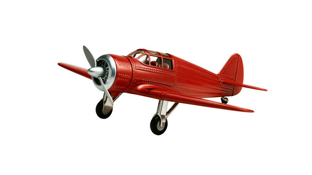 Vintage red metal toy airplane with silver propeller and landing gear
