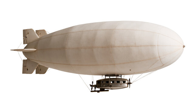 Vintage white zeppelin airship with passenger gondola and propellers