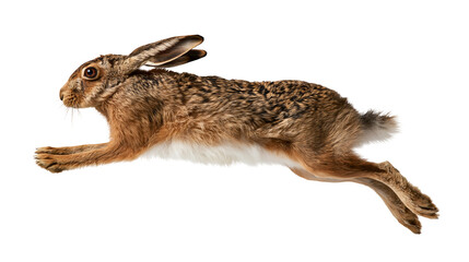 Brown European hare leaping in full stride with long ears and textured fur © Peregrine
