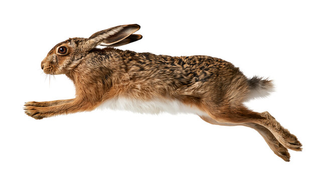 Brown European hare leaping in full stride with long ears and textured fur