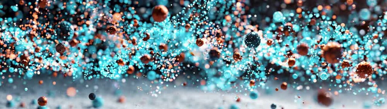 Data flow and digital connectivity concept abstract motion of floating blue and copper spheres in a fluid particle stream science and technology background.