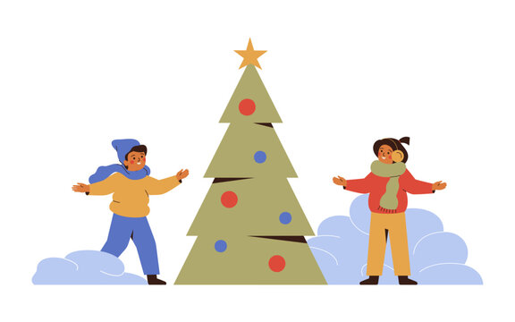 Happy children playing near Christmas tree with festive decoration outdoors. Merry boy and girl look at decorated xmas fir on winter holidays. Flat vector illustration isolated on white background