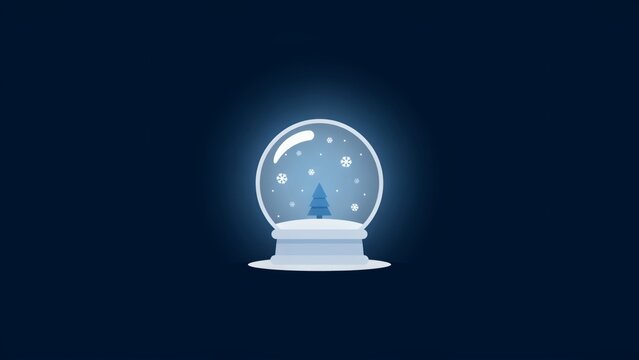A minimalist flat vector illustration of a glowing snow globe with surrounded falling snowflakes snowflakes against dark tree inside surrounded