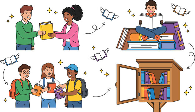 Education and Reading Collection with Students Sharing Books, Bookshelf, Flying Books and Knowledge Exchange Illustration