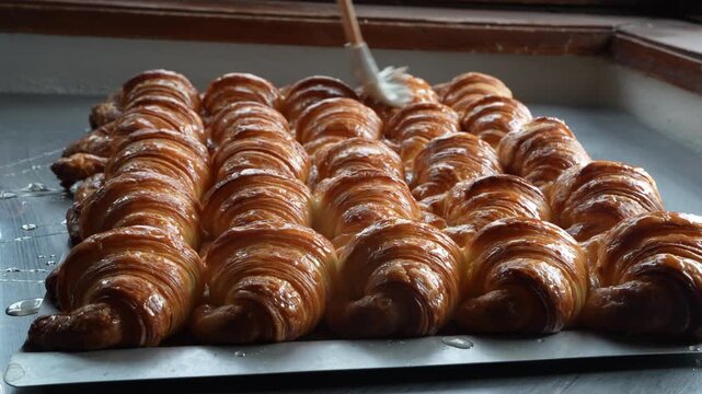 Pastry brush glazing freshly baked croissants on a baking tray with syrup, close-up in window light