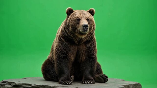 Brown grizzly bear sitting on slate rock ledge blinking against solid green screen studio background
