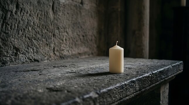 Unlit white pillar candle standing alone on a rustic dark stone surface with a textured wall background.