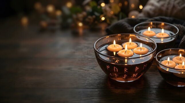 Floating candles in glass bowls on a dark wooden table with warm bokeh lights.