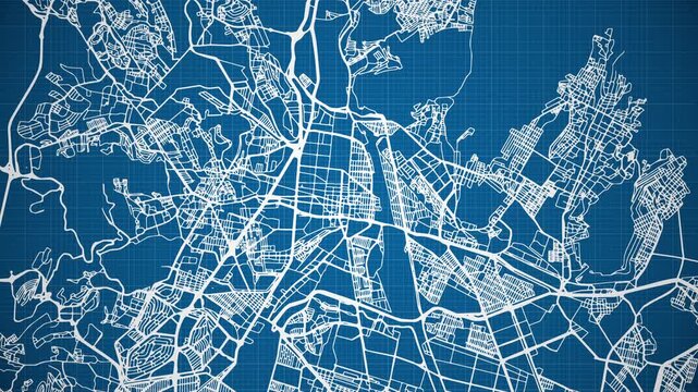 Ink reveal animation of Tlalnepantla city, Mexico (M&eacute;xico) grid map. Aerial top view. Blueprint style. White lines with blue background. 4K Seamless loop.