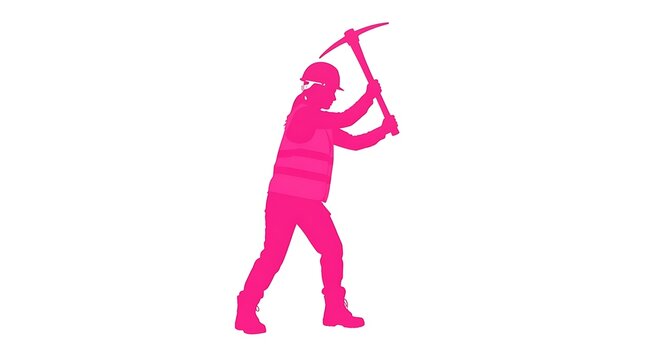 Pink silhouette of a female construction worker using a pickaxe