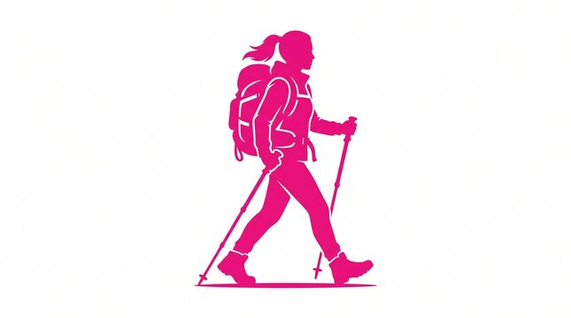 Pink silhouette of a woman hiking with backpack and trekking poles