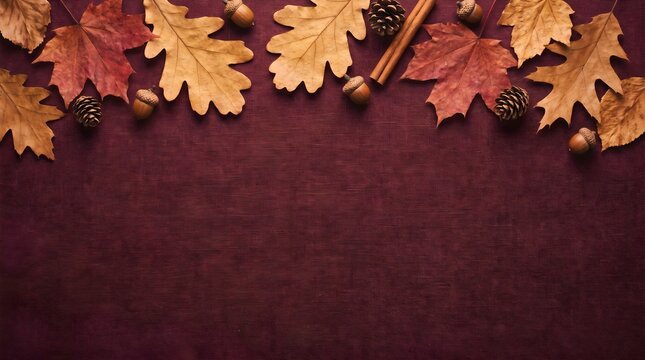 Autumn background with fallen leaves acorns and pinecones on a dark textured surface pinecones seasonal background colorful backdrop november