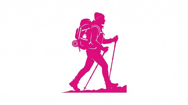 Pink silhouette of a hiker with backpack trekking on a trail