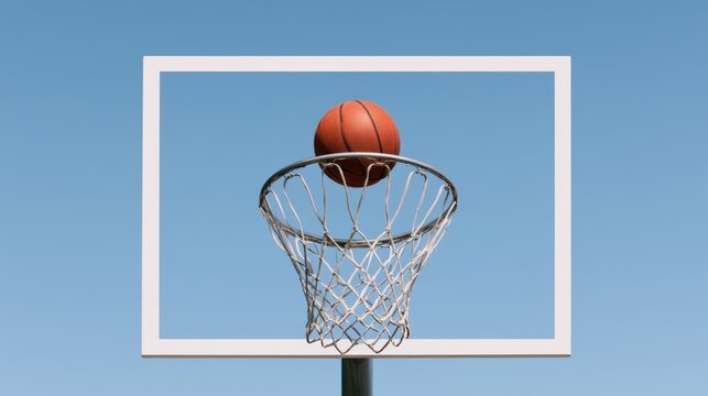 Basketball is shot into a hoop with a clear blue sky in the background. National Basketball Day