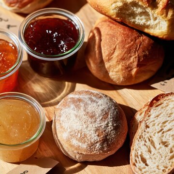 Bakery display with various types of bread and jams at a cafe. Small Business Saturday