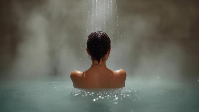 Person bathing warm mineral spring water beneath gentle shower waterfall peaceful indoor pool