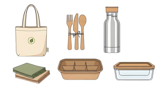 Eco-friendly sustainable zero waste lifestyle objects collection isolated on a transparent background for environmental conservation concepts