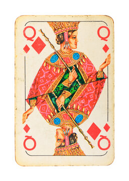 Old vintage Queen of Diamonds playing card isolated on white.