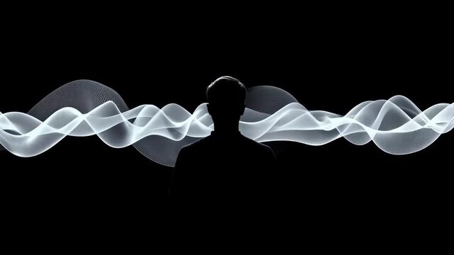 Silhouette Person Flowing White Wave Black Abstract Light and Dark Background Observing Movement