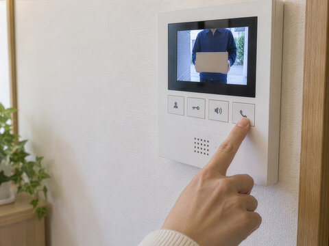 モニター付きインターホンで荷物を持った来訪者に応答する手元