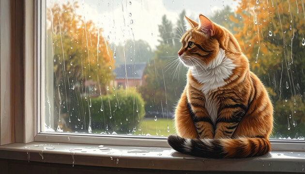 Cat sitting on windowsill watching rain fall outside
