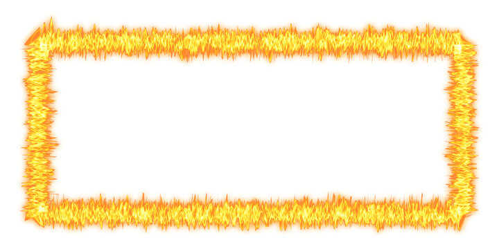 Rectangular frame border made of glowing orange and yellow fire flames isolated on a transparent background